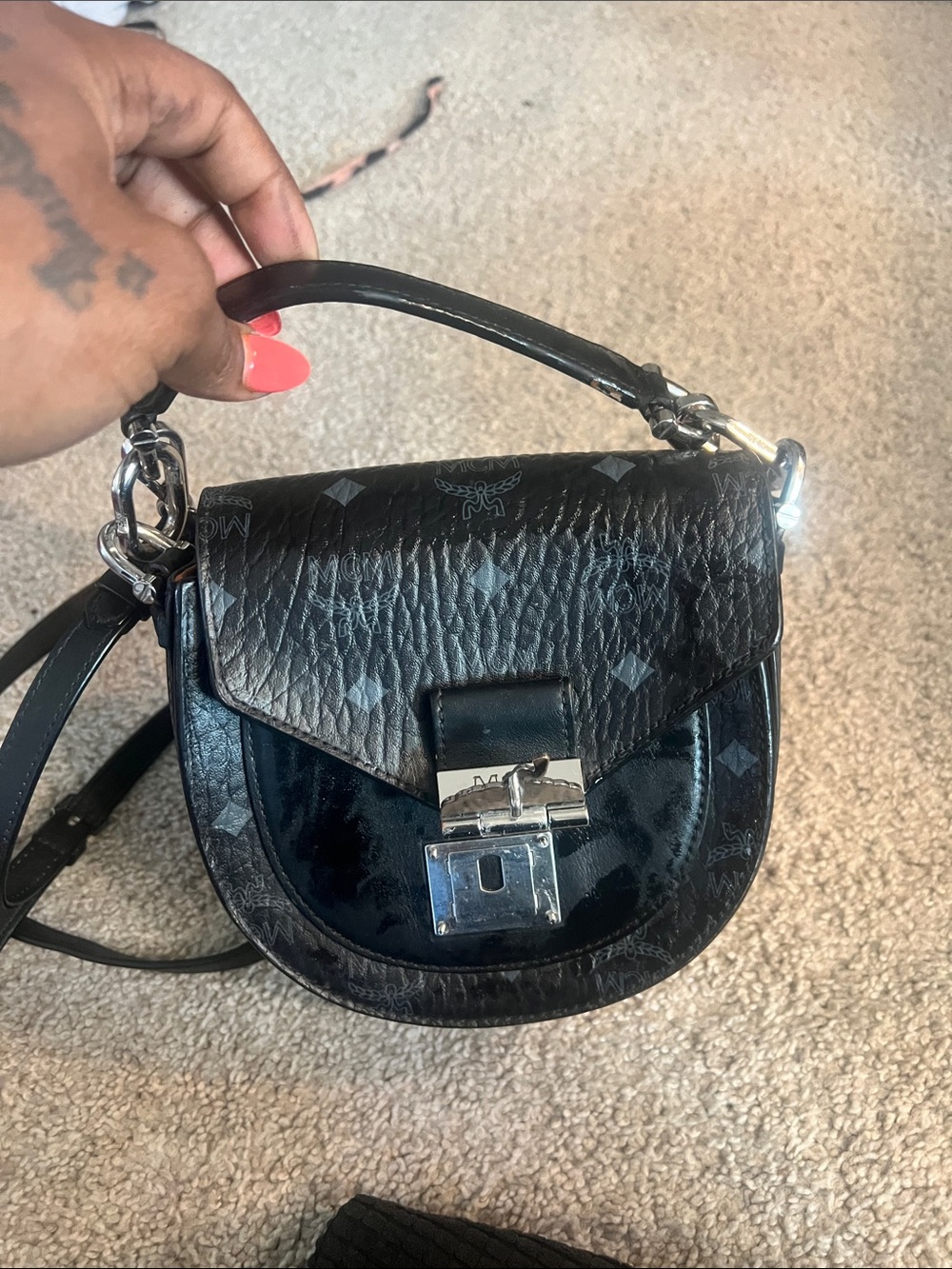 MCM Black Monogram Mini Saddle Crossbody with Silver Hardware